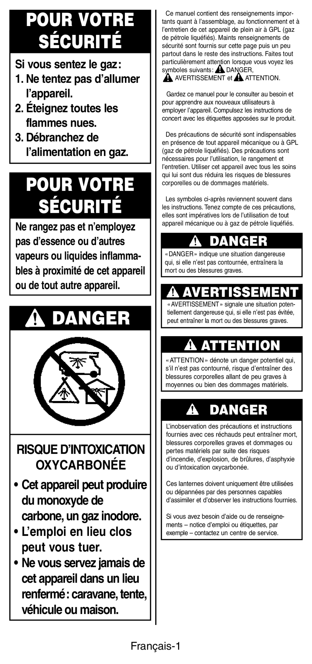 Coleman C270 PZA Series, C270A Series manual Français-1, Symboles suivants Avertissement et 