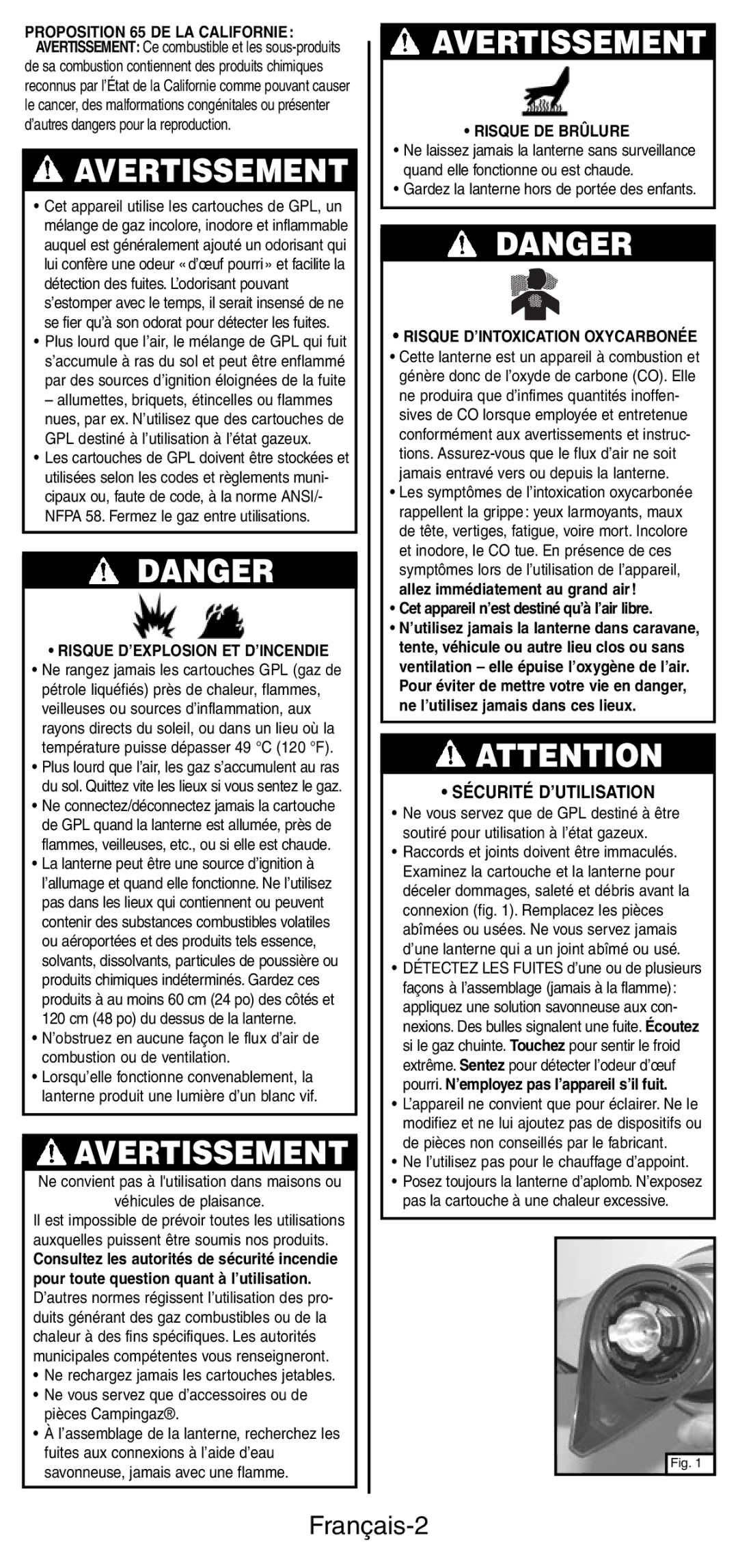 Coleman C270A Series, C270 PZA Series Français-2, Sécurité D’UTILISATION, Gardez la lanterne hors de portée des enfants 