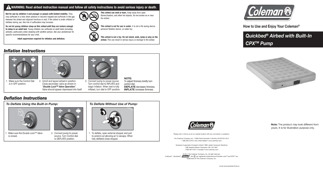 Coleman Camping Equipment instruction manual Inflation Instructions, Deflation Instructions 