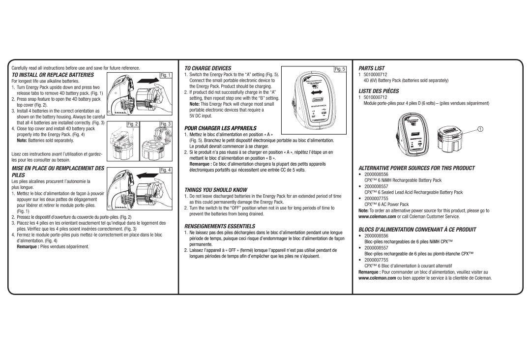 Coleman CPX To Install or Replace Batteries, Piles, To Charge Devices, Things YOU should Know, Renseignements Essentiels 