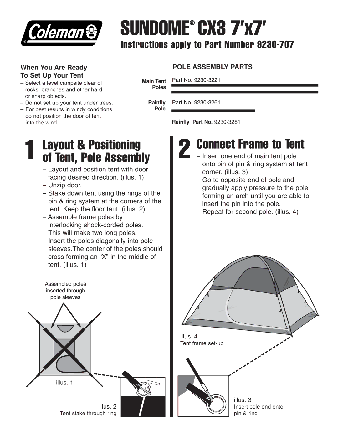 Coleman CX3 7'x7 manual Sundome CX3 7’x7’, Connect Frame to Tent, Layout & Positioning of Tent, Pole Assembly 