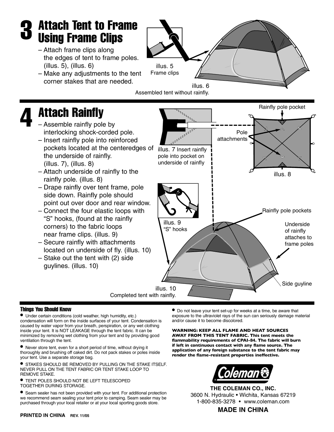 Coleman CX3 7'x7 manual Attach Rainfly, Attach Tent to Frame Using Frame Clips, Things You Should Know 