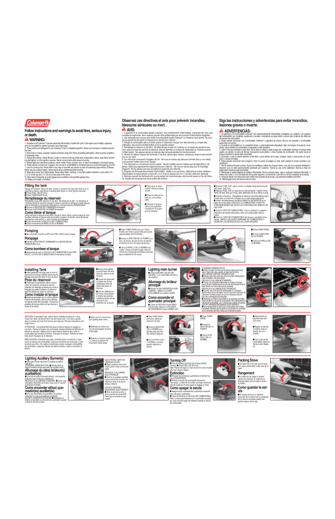 Coleman Dual Fuel Stove Filling the tank, Remplissage du réservoir, Como llenar el tanque, Pumping, Pompage, Turning Off 