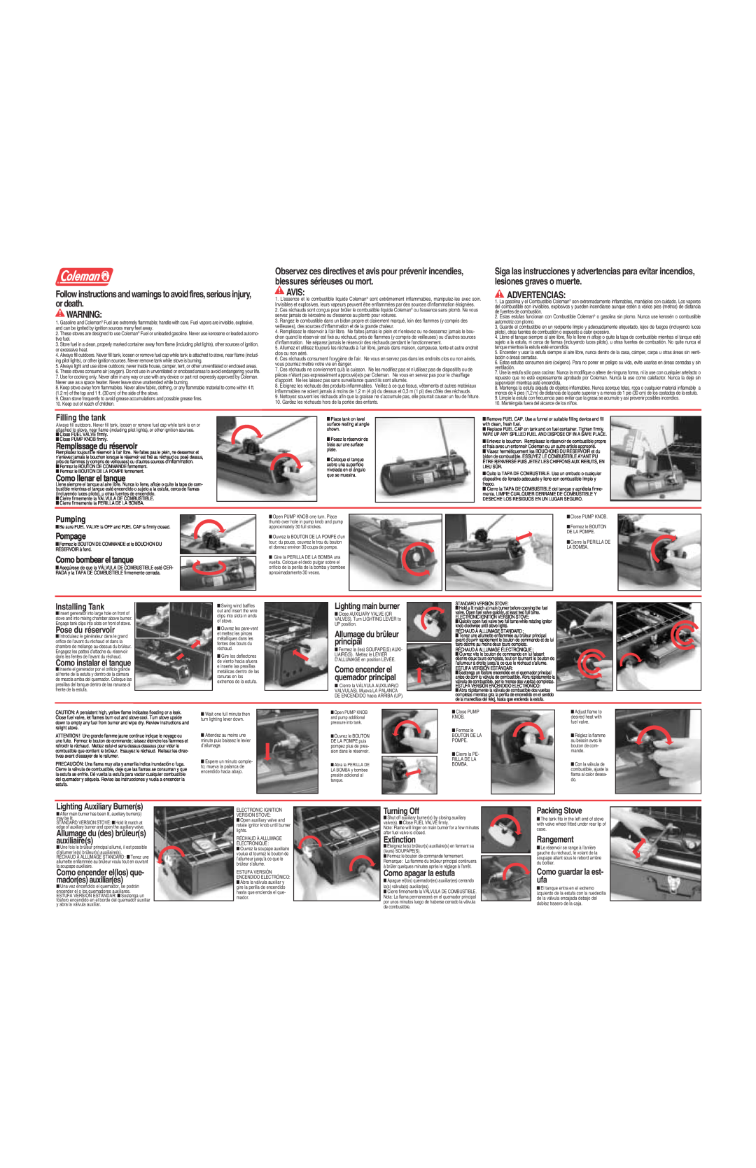 Coleman Dual Fuel Stove warranty Avis, Advertencias 