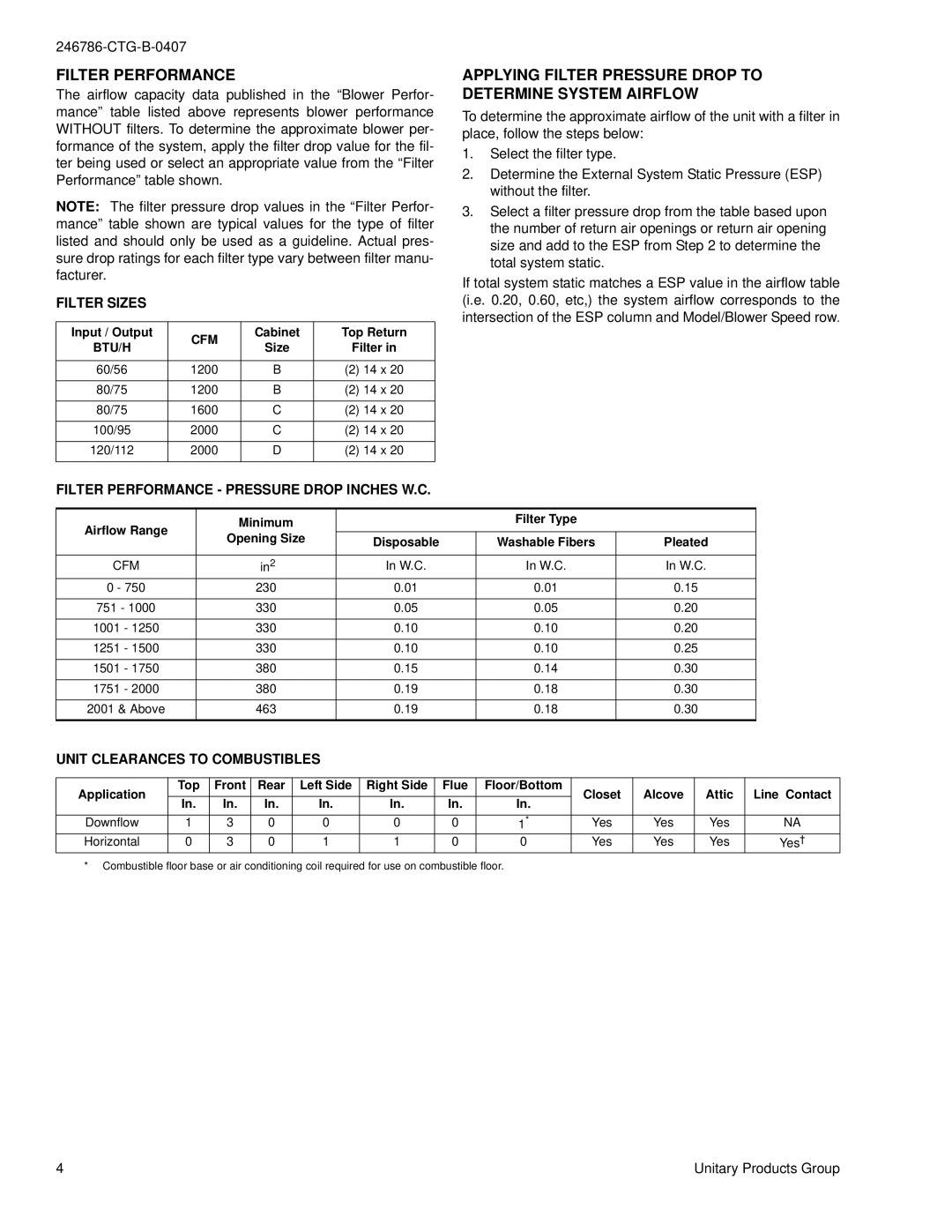 Coleman FC9V warranty Filter Performance, Applying Filter Pressure Drop to Determine System Airflow, Filter Sizes 