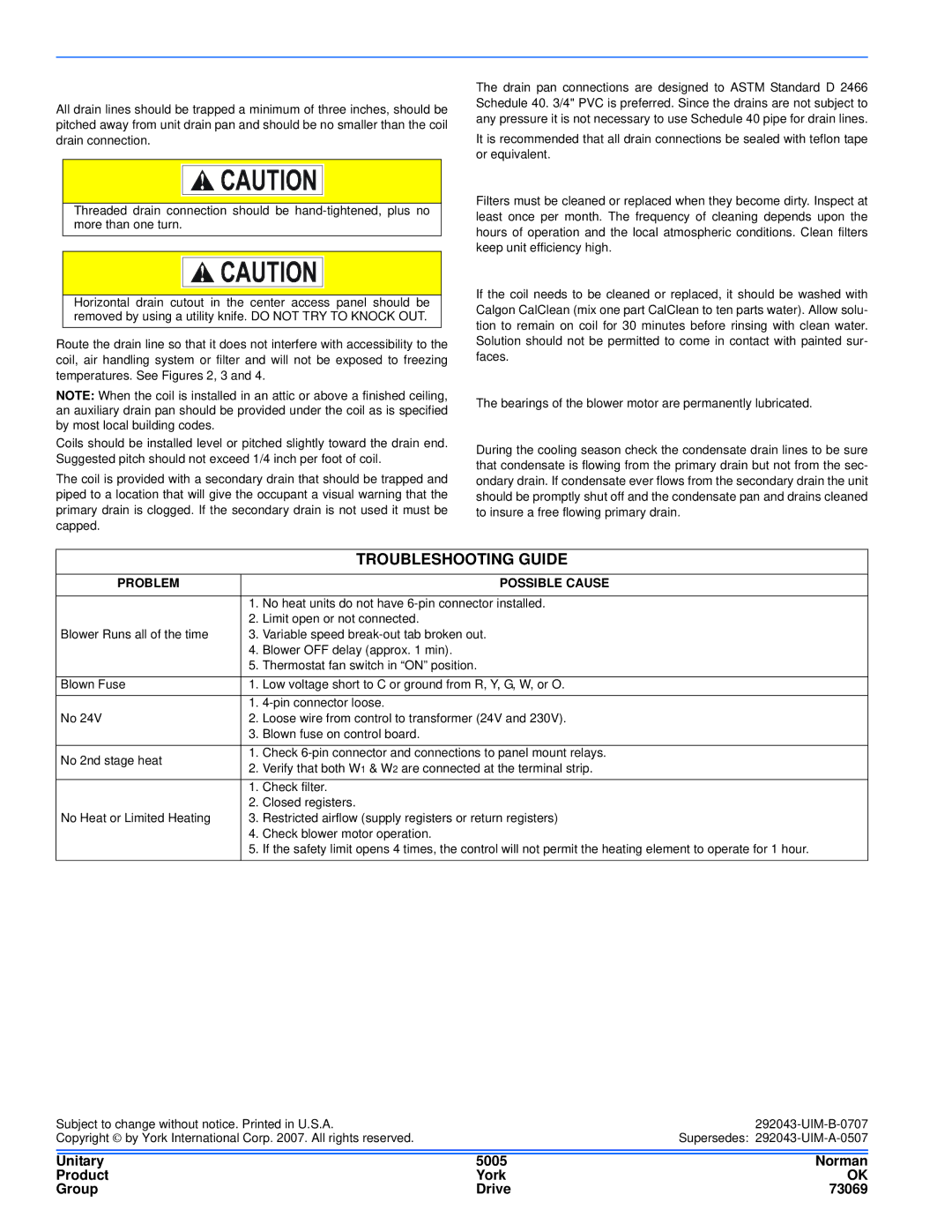 Coleman F*FP Drain Connections, Maintenance, Coil Cleaning, Lubrication, Condensate Drains, Troubleshooting Guide 