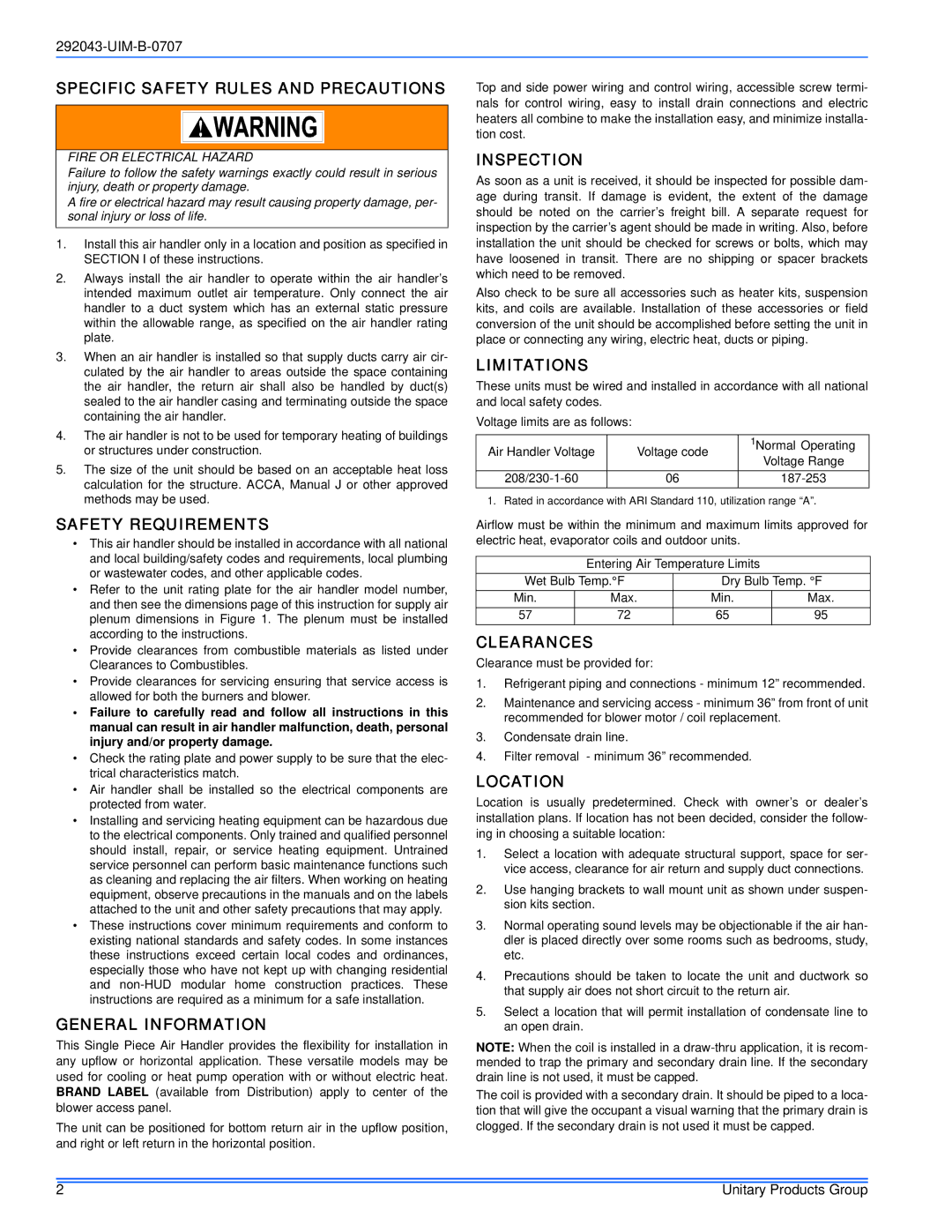 Coleman F*FP Specific Safety Rules and Precautions, Safety Requirements, General Information, Inspection, Limitations 