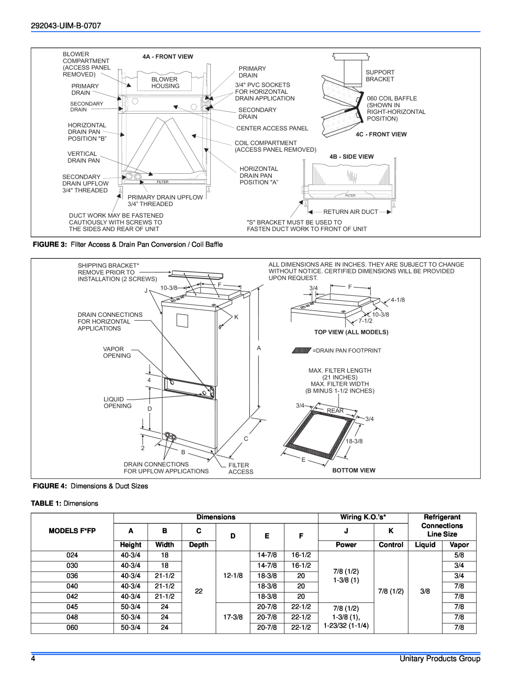 Coleman F*FP installation manual UIM-B-0707, Dimensions, Wiring K.O.’s, Models F*Fp, Power, Vapor 