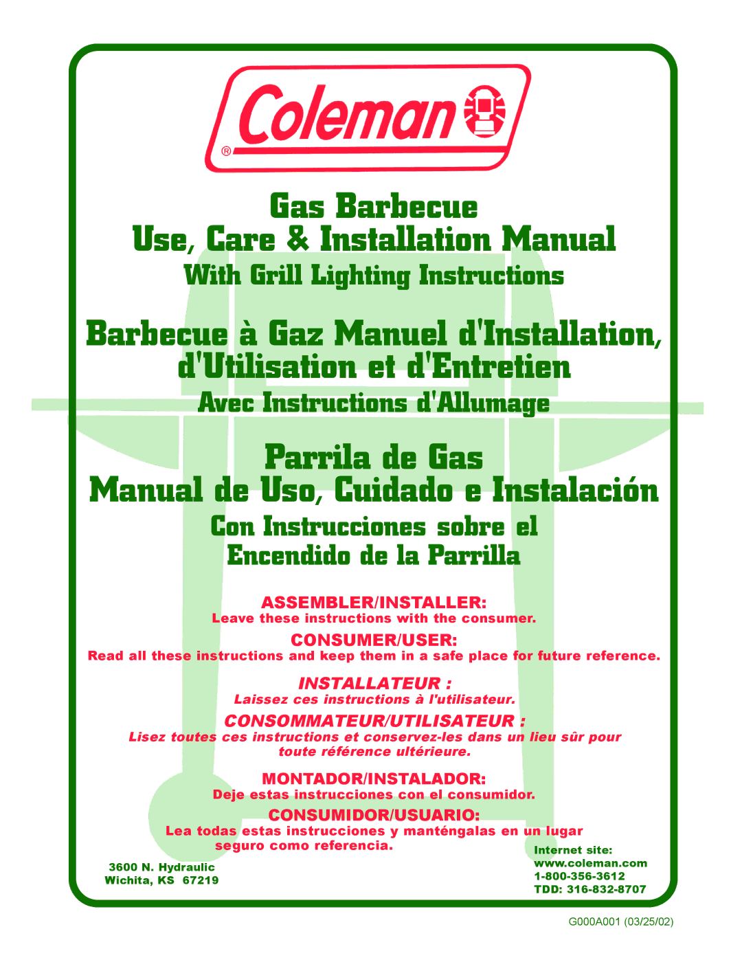 Coleman installation manual Gas Barbecue Use, Care & Installation Manual 