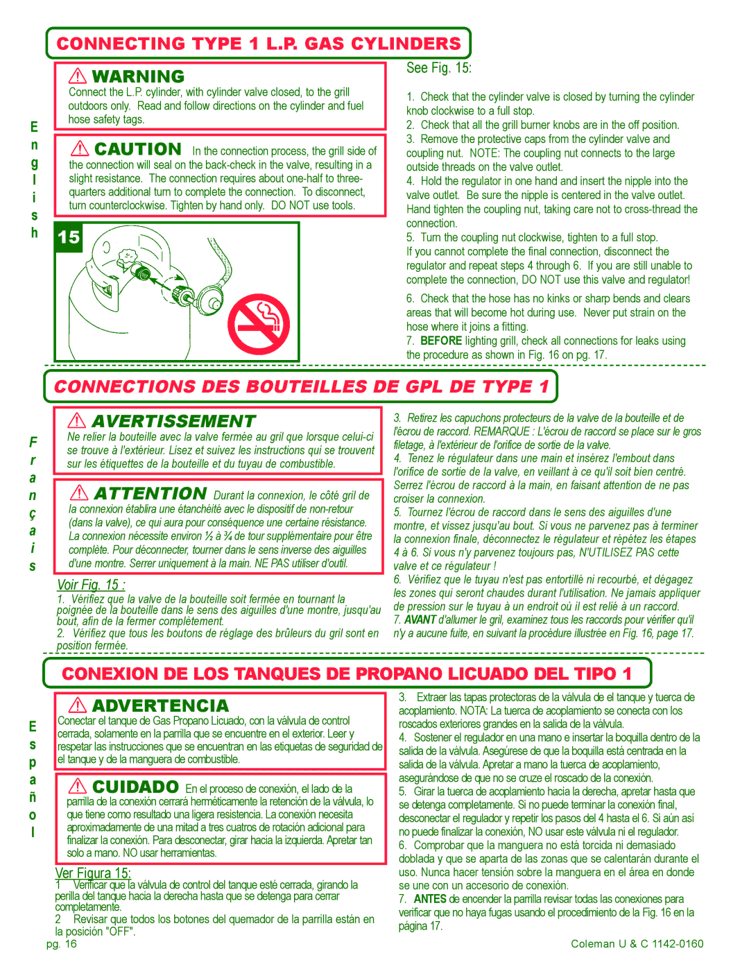 Coleman Gas Barbecue installation manual Connecting Type 1 L.P. GAS Cylinders, Connections DES Bouteilles DE GPL DE Type 