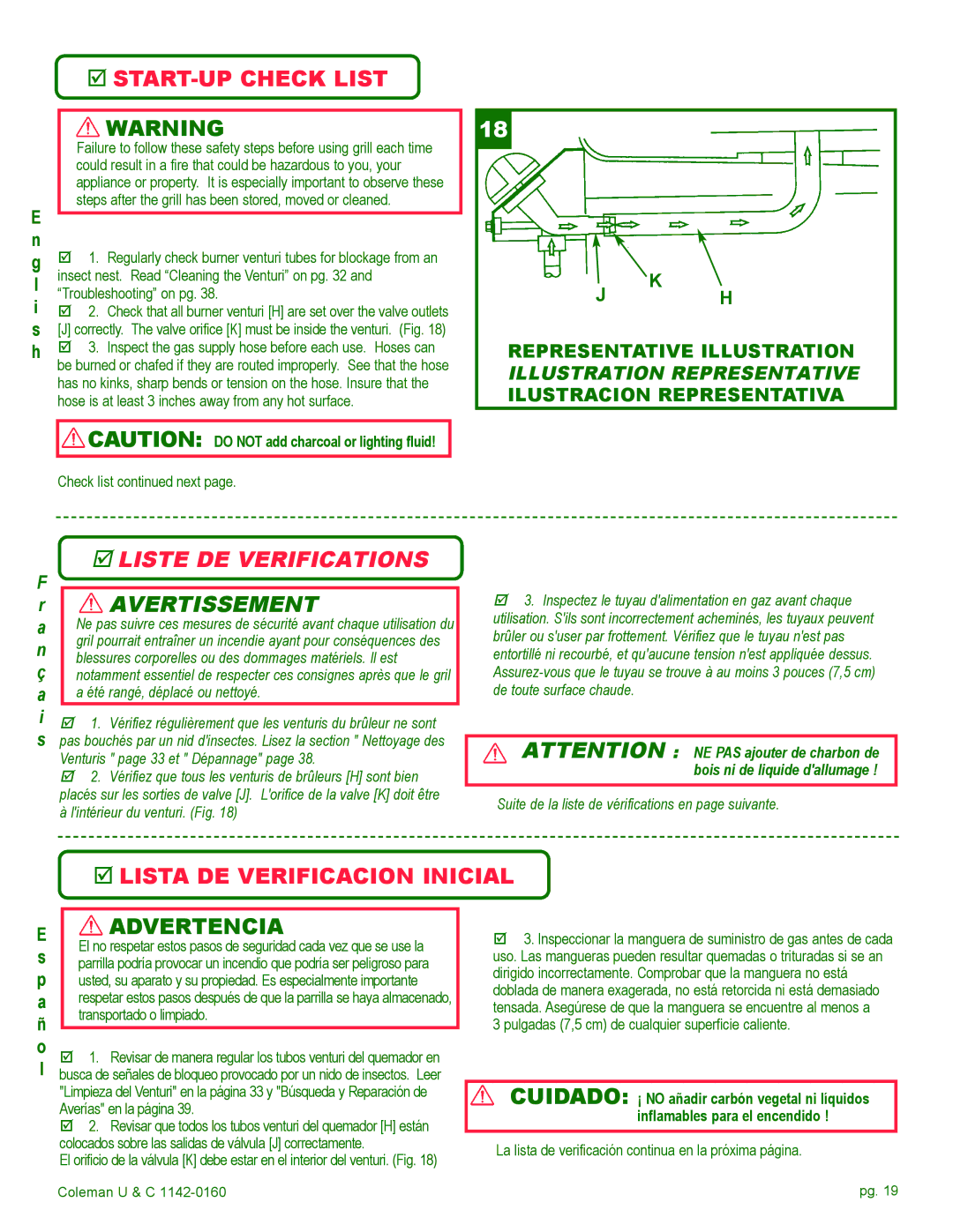 Coleman Gas Barbecue installation manual START-UP Check List, Liste DE Verifications, Lista DE Verificacion Inicial 