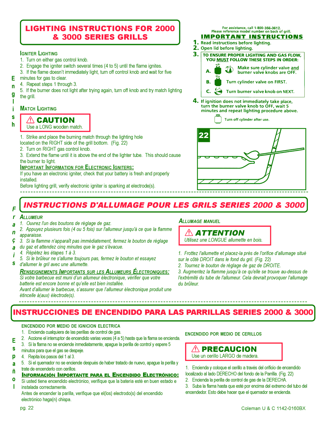 Coleman Gas Barbecue Lighting Instructions for Series Grills, Instructions Dallumage Pour LES Grils Series 2000 