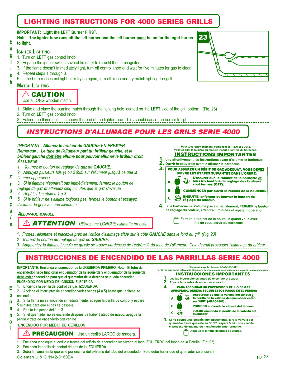 Coleman Gas Barbecue Lighting Instructions for 4000 Series Grills, Instructions Dallumage Pour LES Grils Serie 