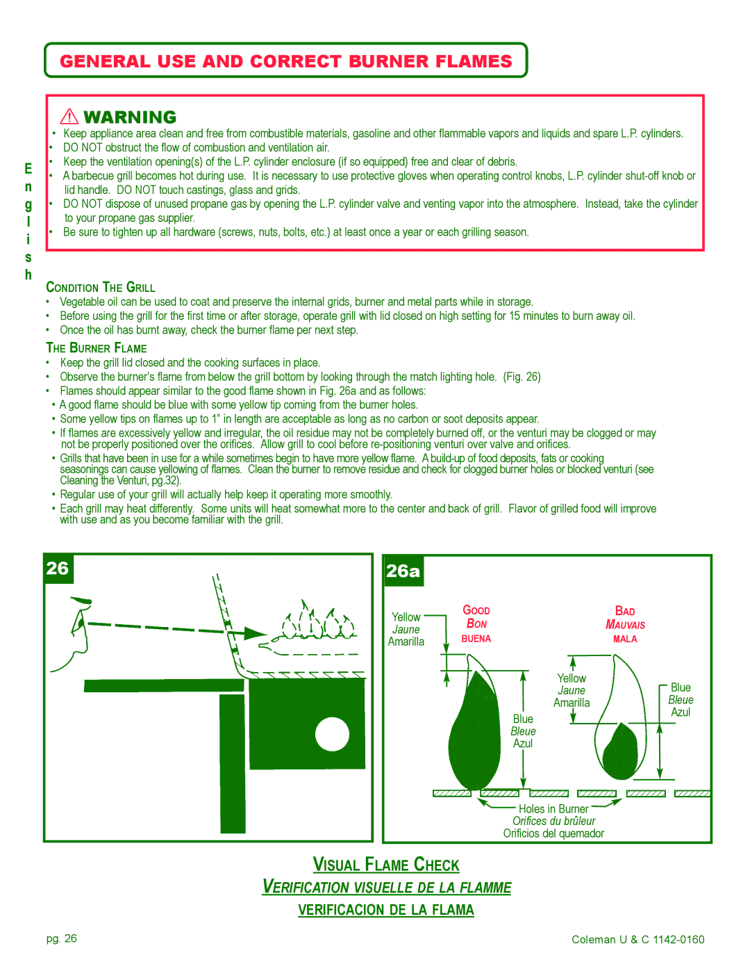 Coleman Gas Barbecue installation manual General USE and Correct Burner Flames, 26a 