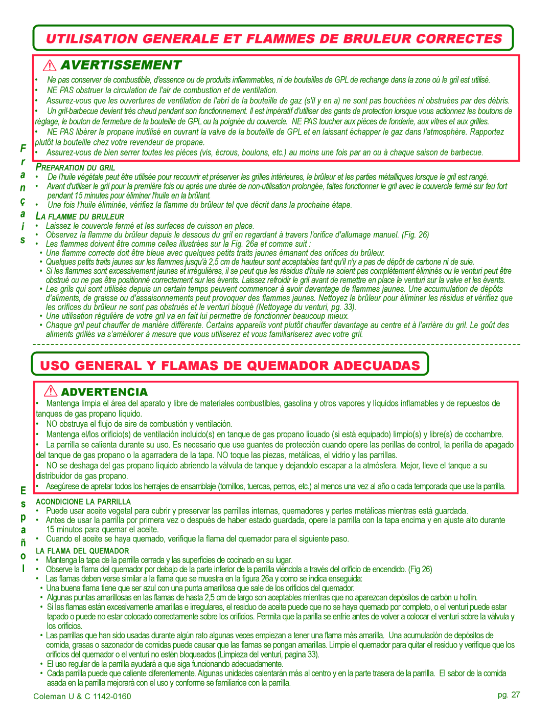 Coleman Gas Barbecue Utilisation Generale ET Flammes DE Bruleur Correctes, USO General Y Flamas DE Quemador Adecuadas 