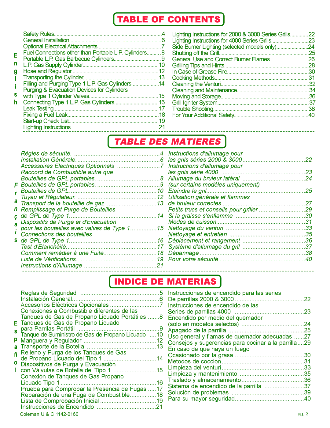 Coleman Gas Barbecue installation manual Table DES Matieres 