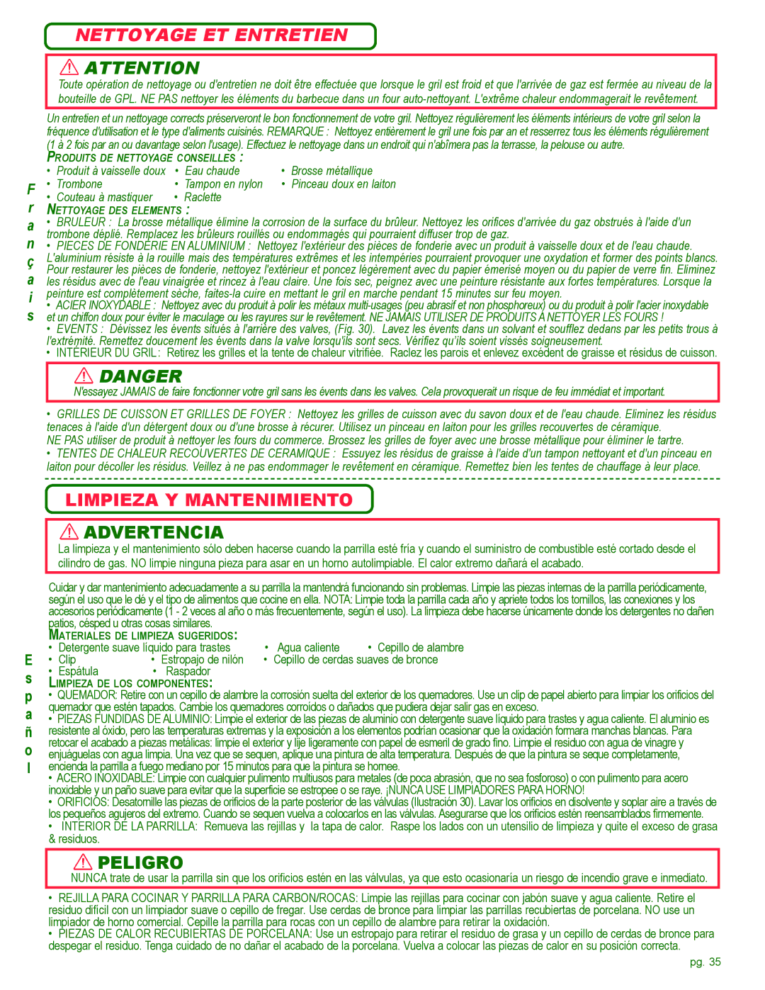 Coleman Gas Barbecue installation manual Nettoyage ET Entretien, Limpieza Y Mantenimiento 