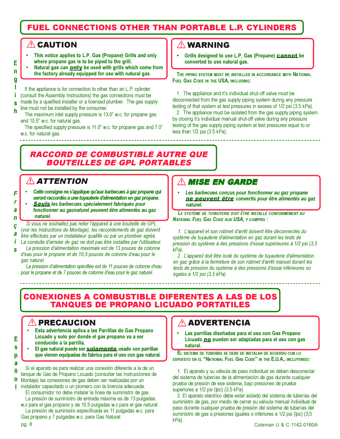 Coleman Gas Barbecue installation manual Fuel Connections Other than Portable L.P. Cylinders 