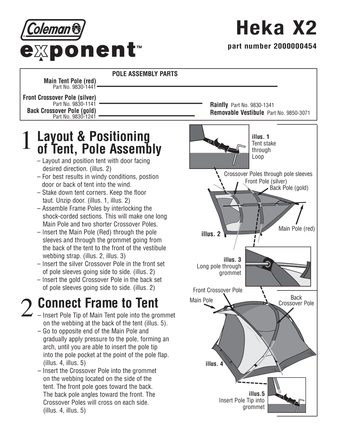 Coleman HEKA X2 manual Heka, Layout & Positioning, Tent, Pole Assembly, Connect Frame to Tent, Part number 