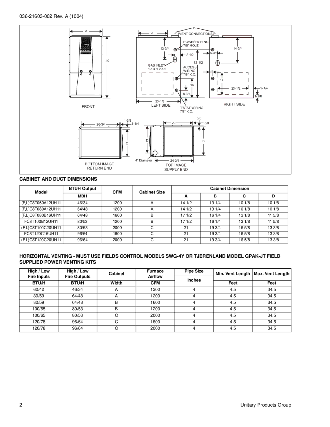 Coleman LC8T, FC8T warranty Cabinet and Duct Dimensions, Model Btuh Output, Cfm, Cabinet Size Cabinet Dimension, Btu/H 