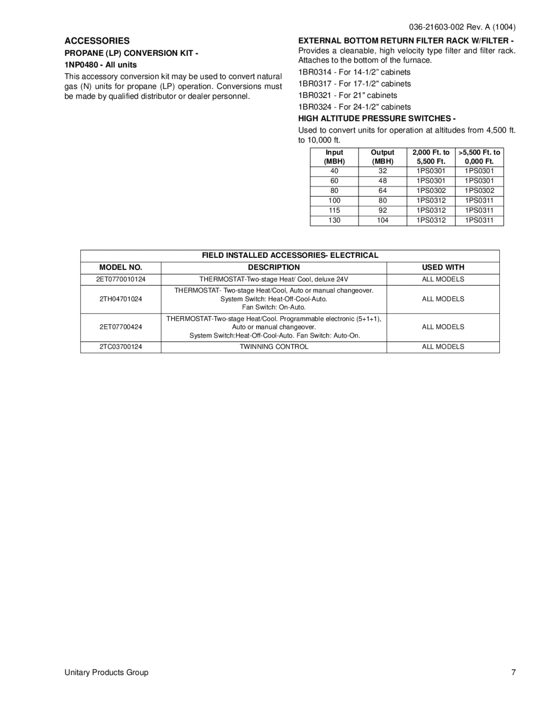 Coleman FC8T, LC8T Accessories, Propane LP Conversion KIT 1NP0480 All units, External Bottom Return Filter Rack W/FILTER 