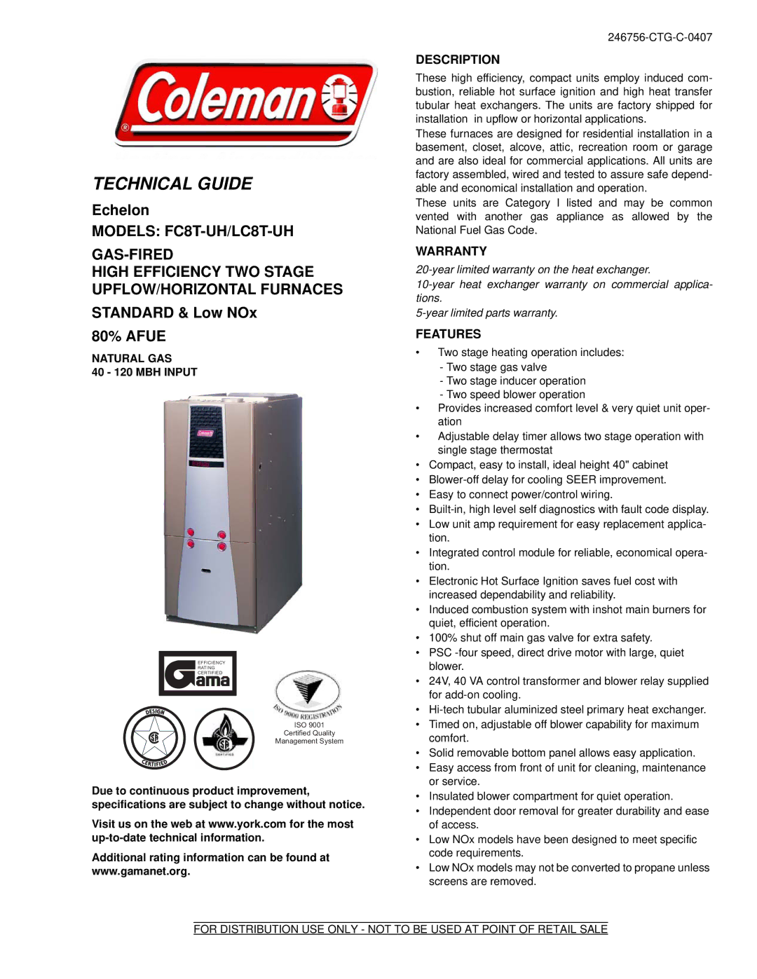 Coleman FC8T-UH, LC8T-UH warranty Description, Warranty, Features, Natural GAS, 40 120 MBH Input 