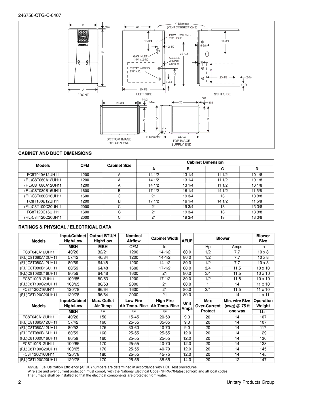 Coleman LC8T-UH Cabinet and Duct Dimensions, Ratings & Physical / Electrical Data, Models, Cabinet Size Cabinet Dimension 