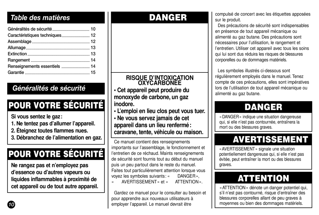 Coleman Model 2800 manual Avertissement, Table des matières, Généralités de sécurité, Risque D’INTOXICATION Oxycarbonée 