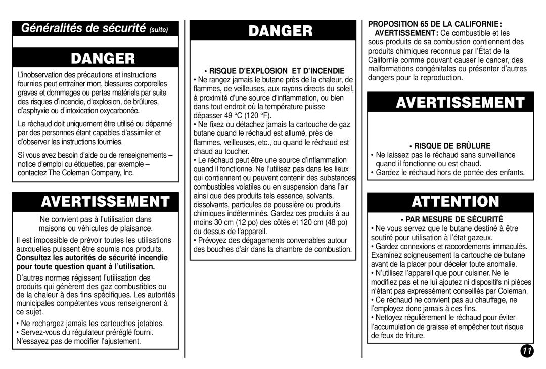 Coleman Model 2800 manual Généralités de sécurité suite, Risque D’EXPLOSION ET D’INCENDIE, Risque DE Brûlure 