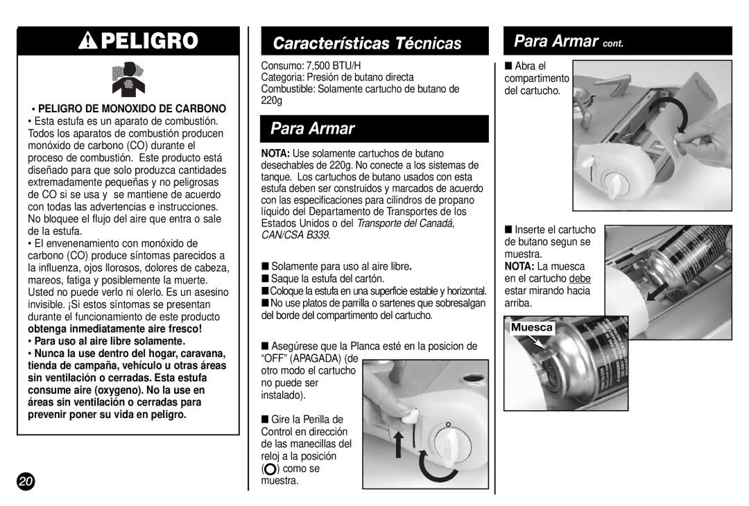 Coleman Model 2800 manual Características Técnicas, Para Armar, Peligro DE Monoxido DE Carbono, Muesca 