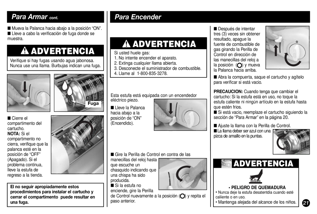 Coleman Model 2800 manual Para Encender, Fuga, Peligro DE Quemadura 