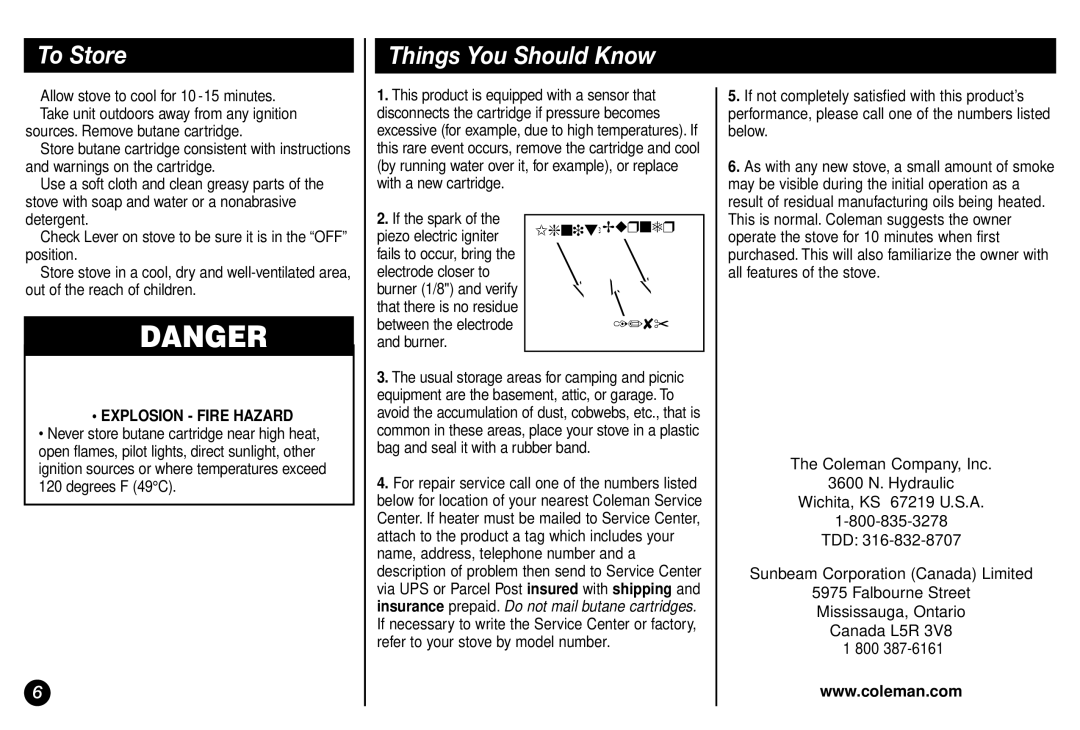 Coleman Model 2800 manual To Store, Things You Should Know, Igniter Burner 