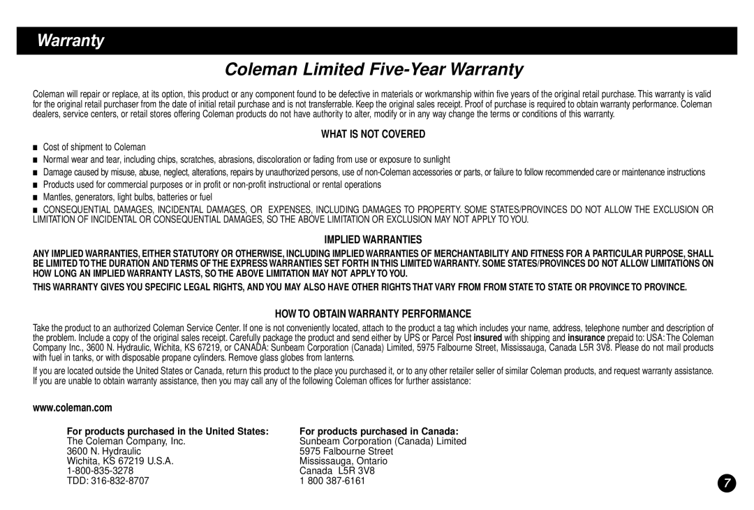 Coleman Model 2800 manual What is not Covered, Implied Warranties, HOW to Obtain Warranty Performance 