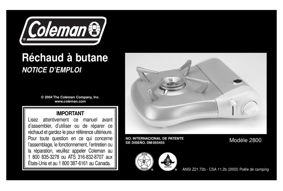 Coleman Model 2800 manual Réchaud à butane 