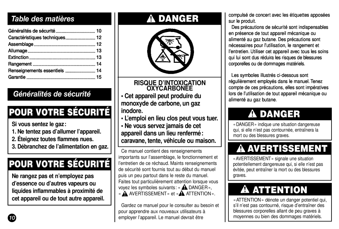 Coleman Model 2800 manual Avertissement, Pour Votre Sécurité, Table des matières, Généralités de sécurité, Danger 