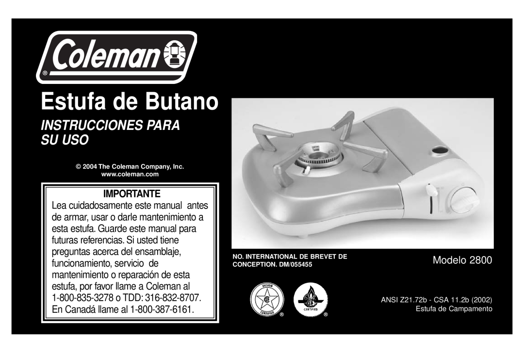 Coleman Model 2800 manual Instrucciones Para Su Uso, Importante, Estufa de Butano, Modelo 