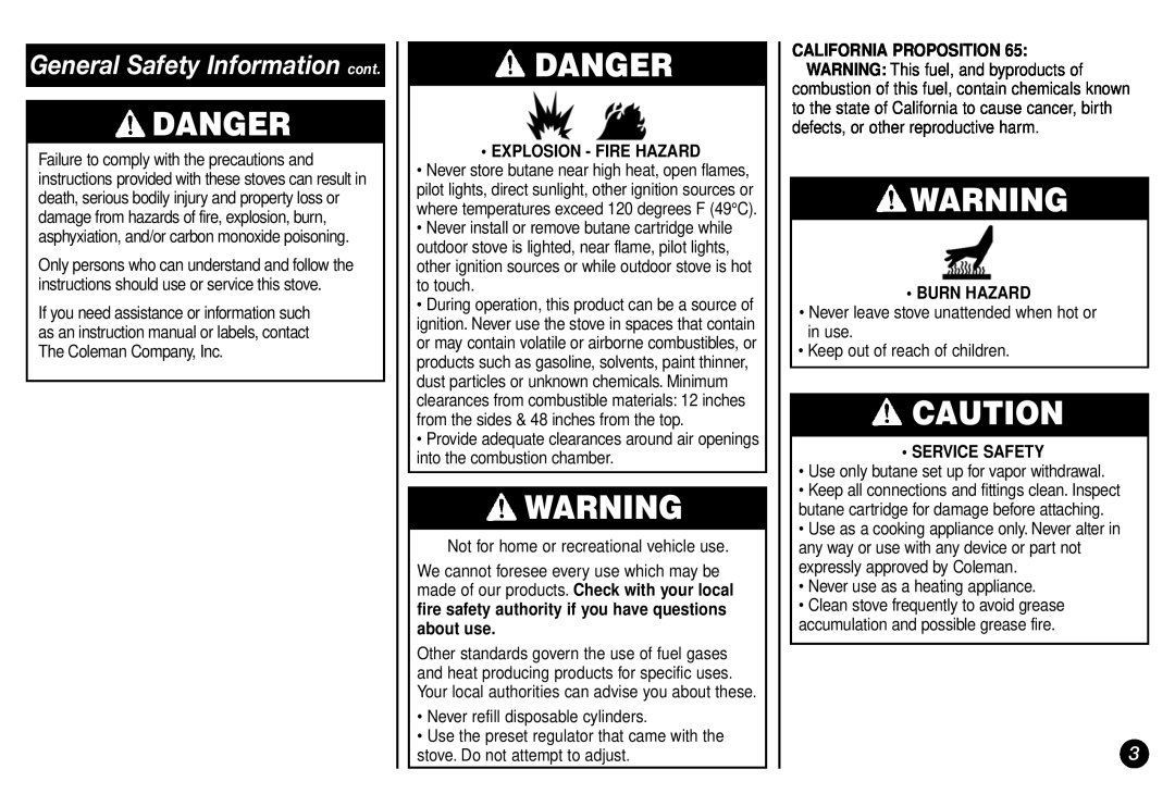 Coleman Model 2800 manual General Safety Information cont, Danger, Explosion - Fire Hazard, Burn Hazard, Service Safety 