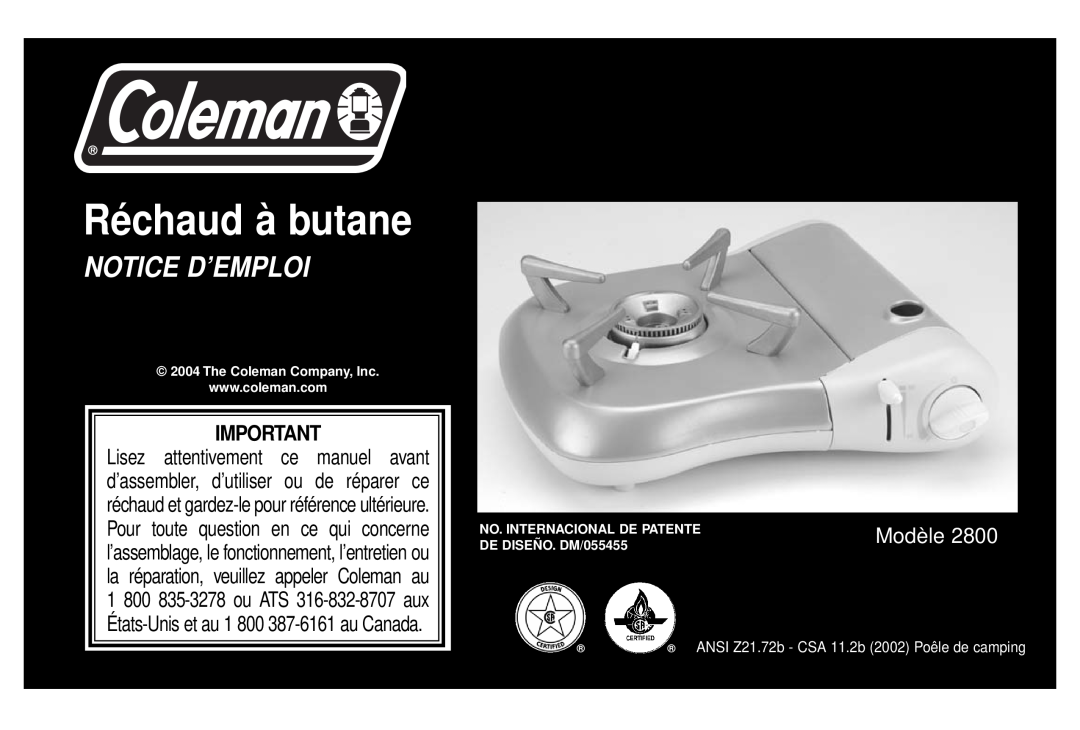 Coleman Model 2800 manual Notice D’Emploi, Modèle, Réchaud à butane, ANSI Z21.72b - CSA 11.2b 2002 Poêle de camping 