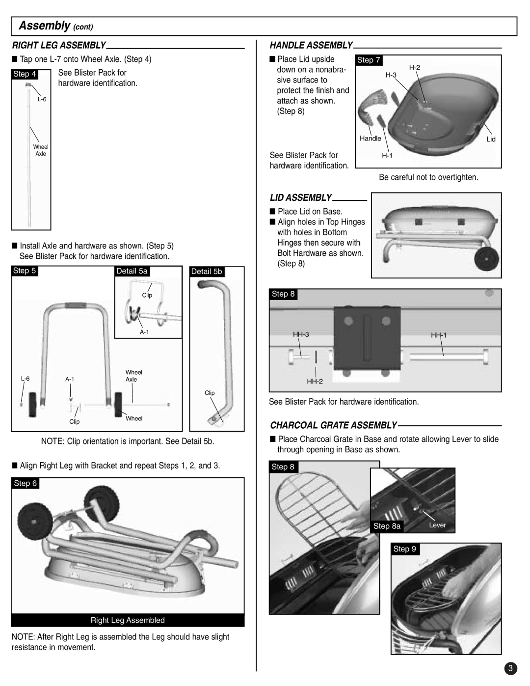 Coleman p9945-700 instruction manual Right LEG Assembly Handle Assembly, LID Assembly, Charcoal Grate Assembly 