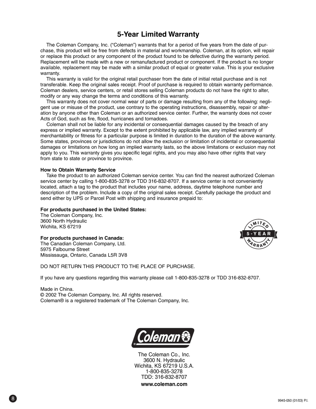 Coleman p9945-700 instruction manual Year Limited Warranty, How to Obtain Warranty Service 