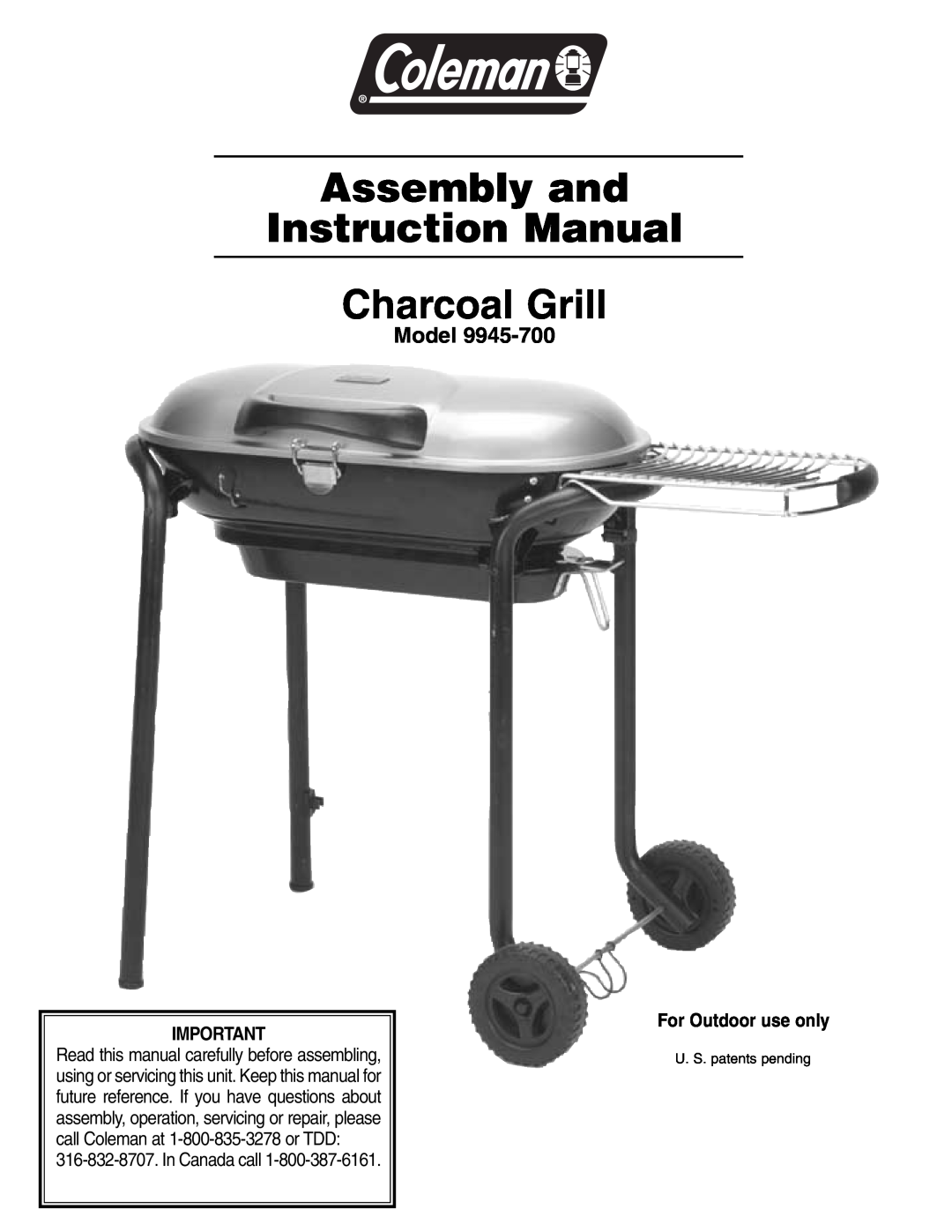 Coleman p9945-700 instruction manual Model, For Outdoor use only, Assembly and Instruction Manual Charcoal Grill 