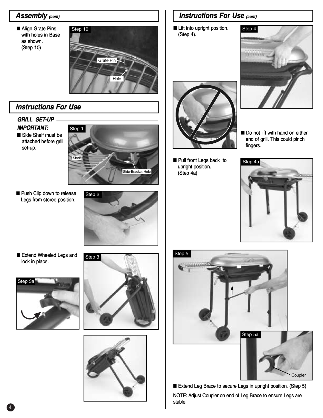 Coleman p9945-700 Instructions For Use cont, Grill Set-Up, Assembly cont, Extend Wheeled Legs and, lock in place 