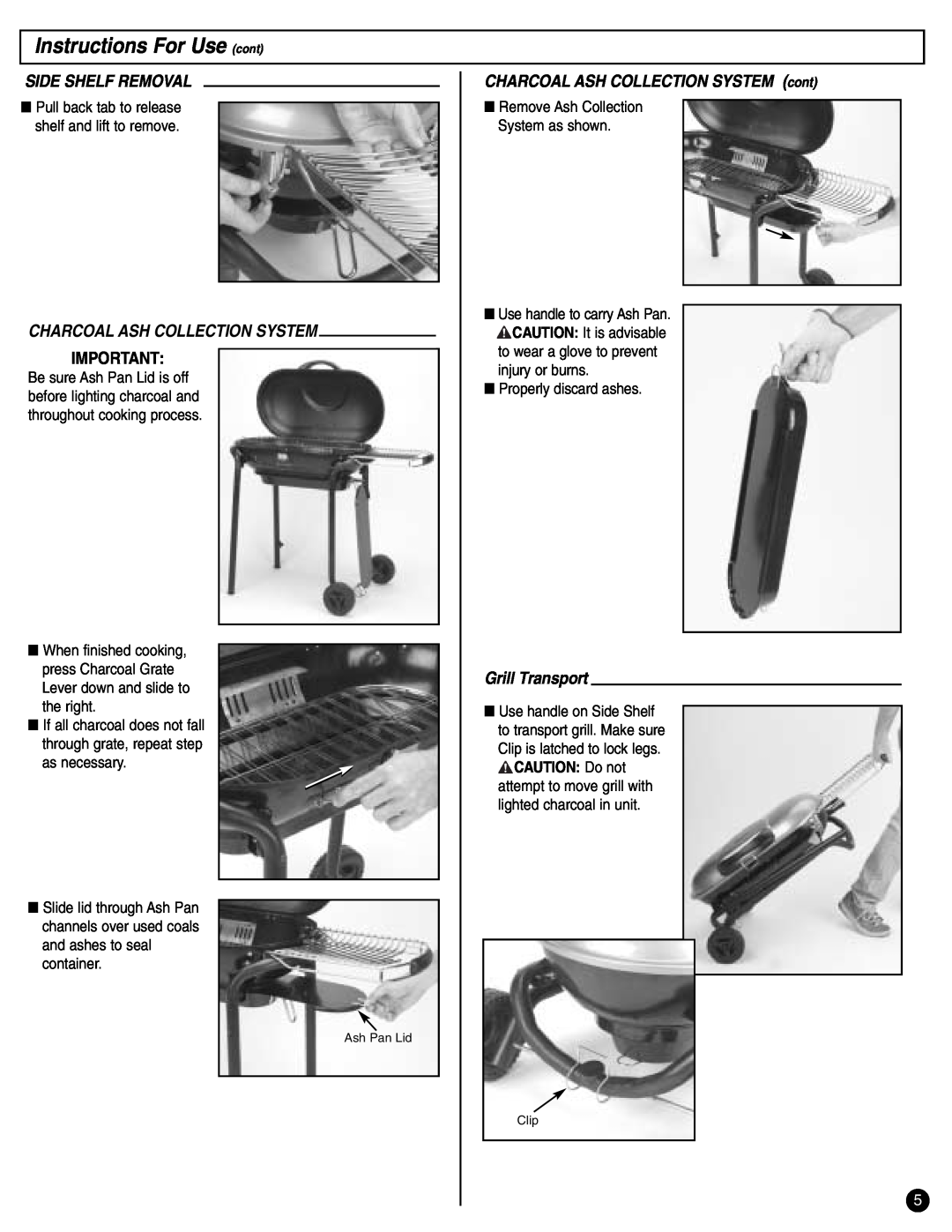 Coleman 9945-700 Side Shelf Removal, Charcoal Ash Collection System, CHARCOAL ASH COLLECTION SYSTEM cont, Grill Transport 