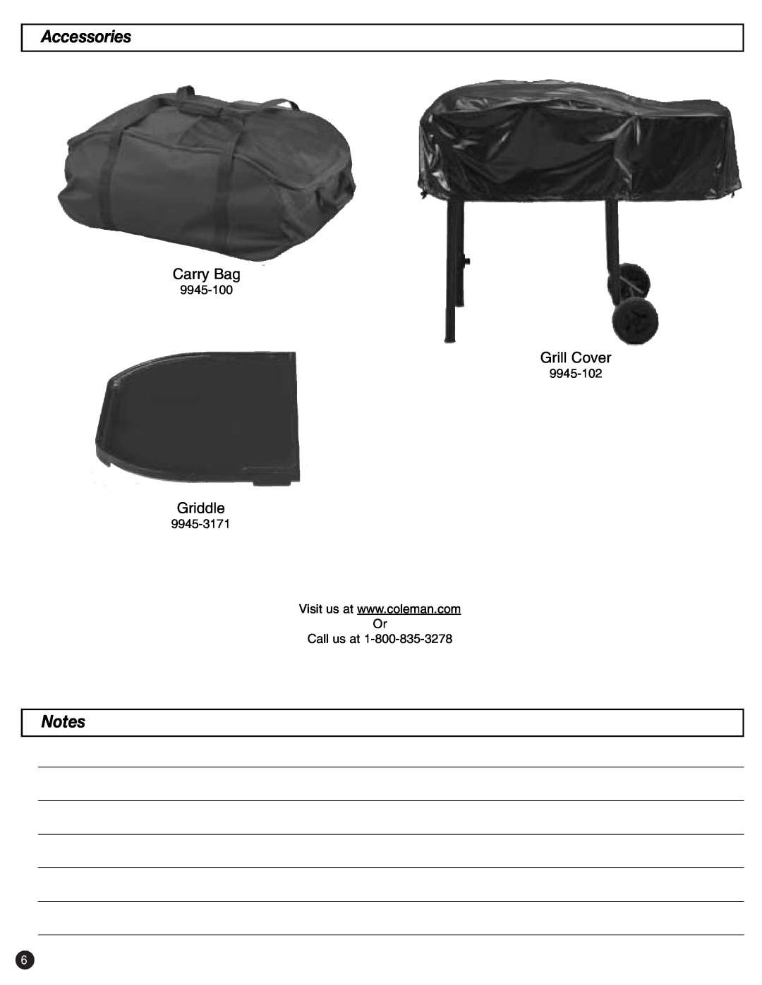 Coleman p9945-700 instruction manual Accessories, Carry Bag, Grill Cover, Griddle 