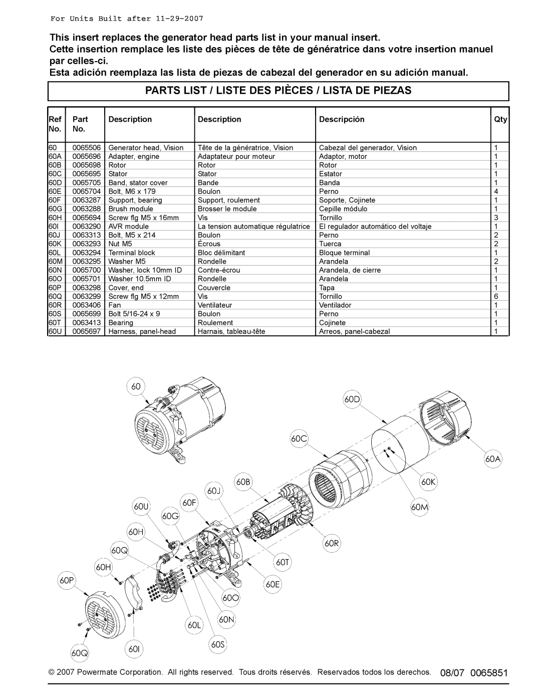 Coleman PM0435005 manual Parts List / Liste Des Pièces / Lista De Piezas, For Units Built after 