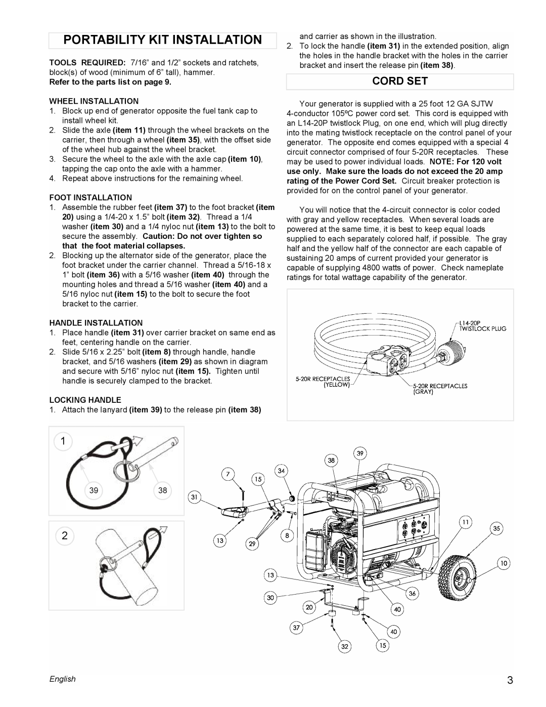 Coleman PM0435005 manual Portability Kit Installation, Cord Set, English 
