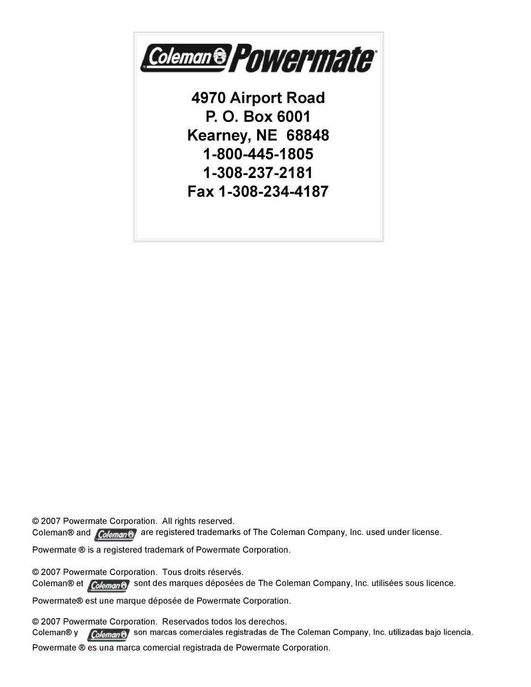 Coleman PM0435005 manual Airport Road Box Kearney, NE Fax 