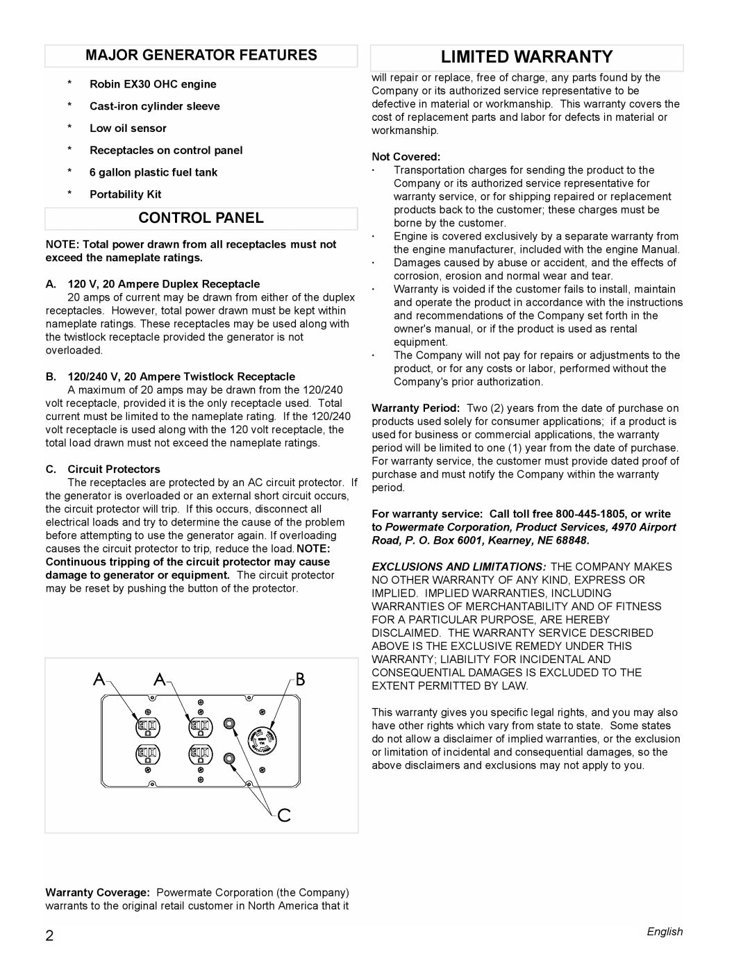 Coleman PM0435005 manual Limited Warranty, Major Generator Features, Control Panel 
