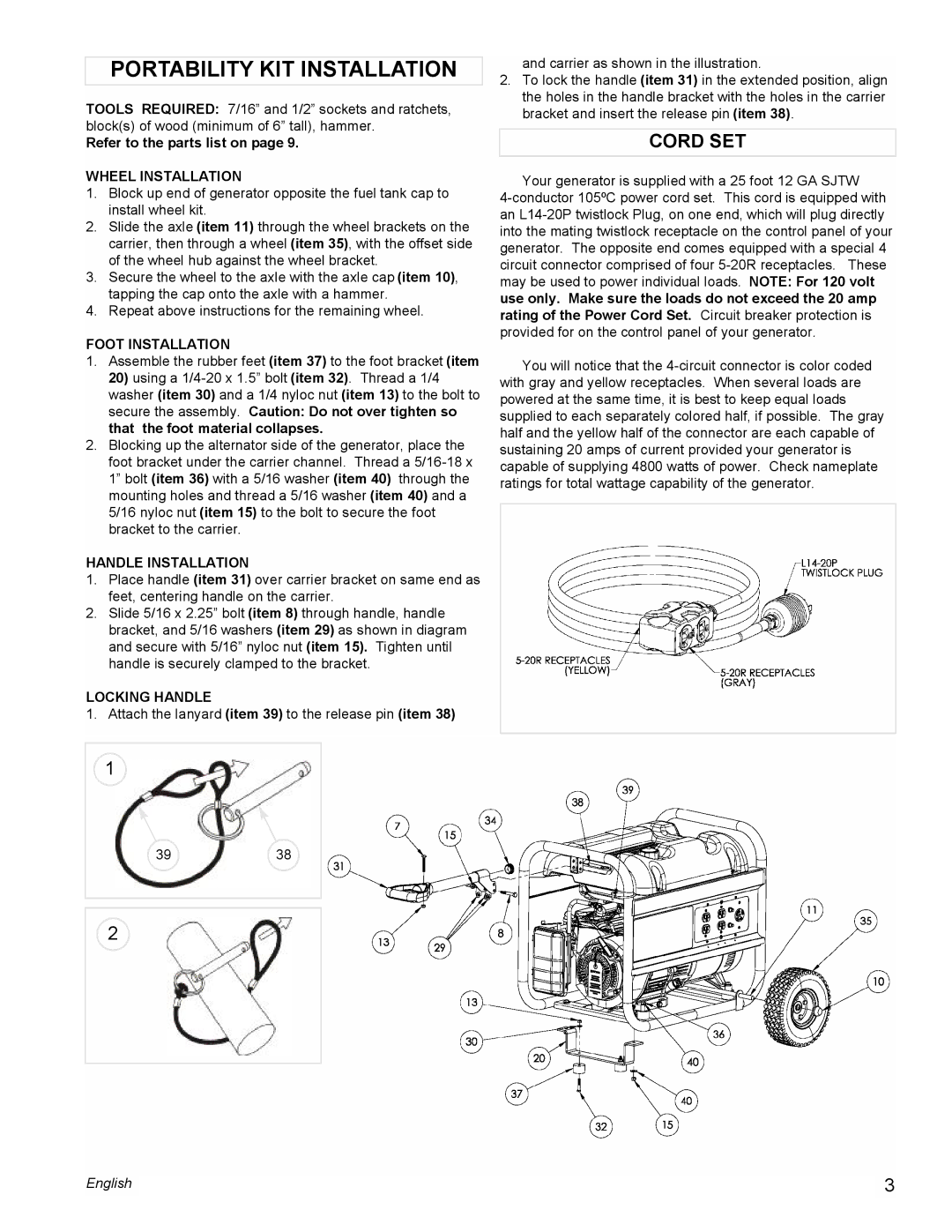 Coleman PM0435005 manual Portability KIT Installation, Cord SET 