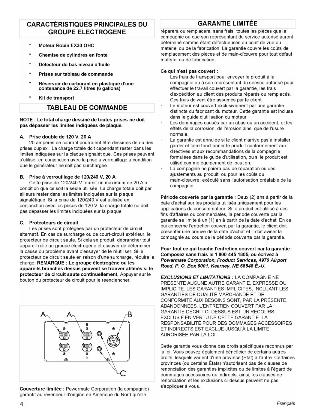 Coleman PM0435005 manual Caractéristiques Principales DU Groupe Electrogene, Tableau DE Commande, Garantie Limitée 